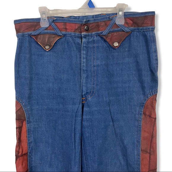 RARE VTG 1970’s OUI Wide Leg Leather
Patchwork Panel Bell Bottom Jeans 34/14 - Picture 3 of 9